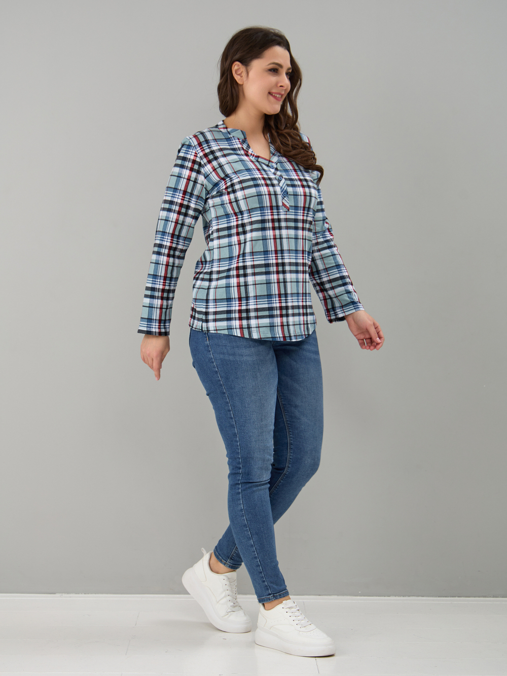 Блузка БЛ-22/клеткасерый-индигокрасный