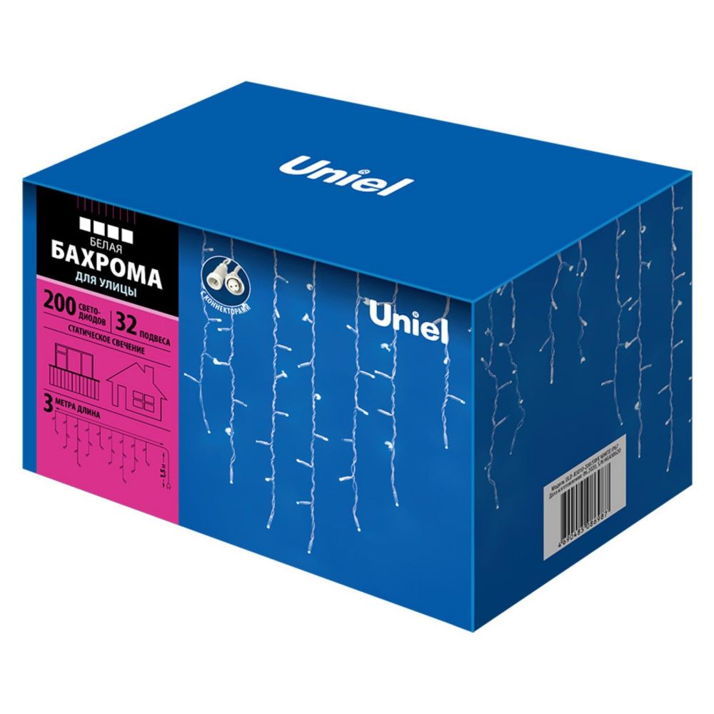 ULD-B3010-200-SWK WHITE IP67 Бахрома светодиодная со статическим свечением. 3м. Соединяемая. 200 светодиодов. Белый свет. Провод белый. TM Uniel.