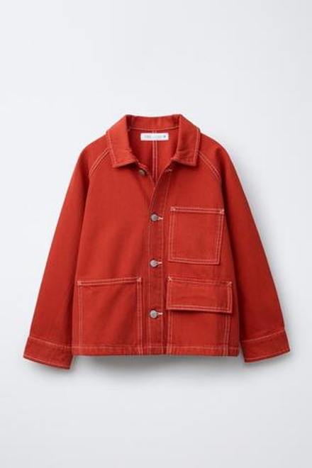 ZARA КУРТКА-РУБАШКА ИЗ ТВИЛА С ДЕКОРАТИВНОЙ СТРОЧКОЙ, КРАСНЫЙ
