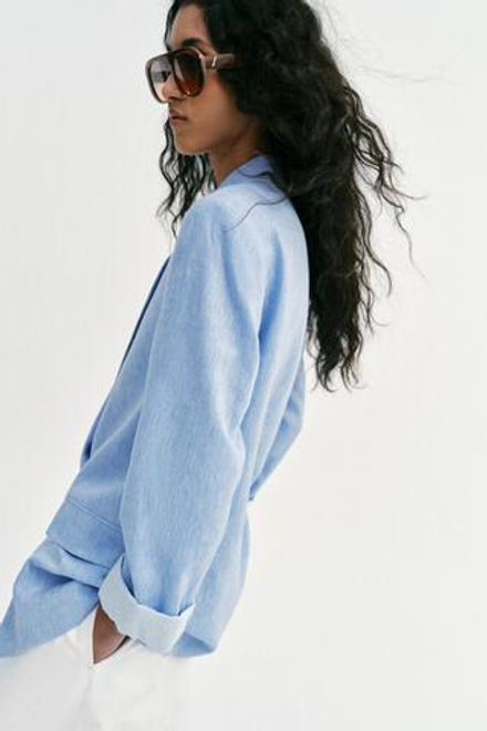 ZARA БЛЕЙЗЕР ИЗ СМЕСОВОГО ЛЬНА С ПОДВЕРНУТЫМИ РУКАВАМИ, ГОЛУБОЙ