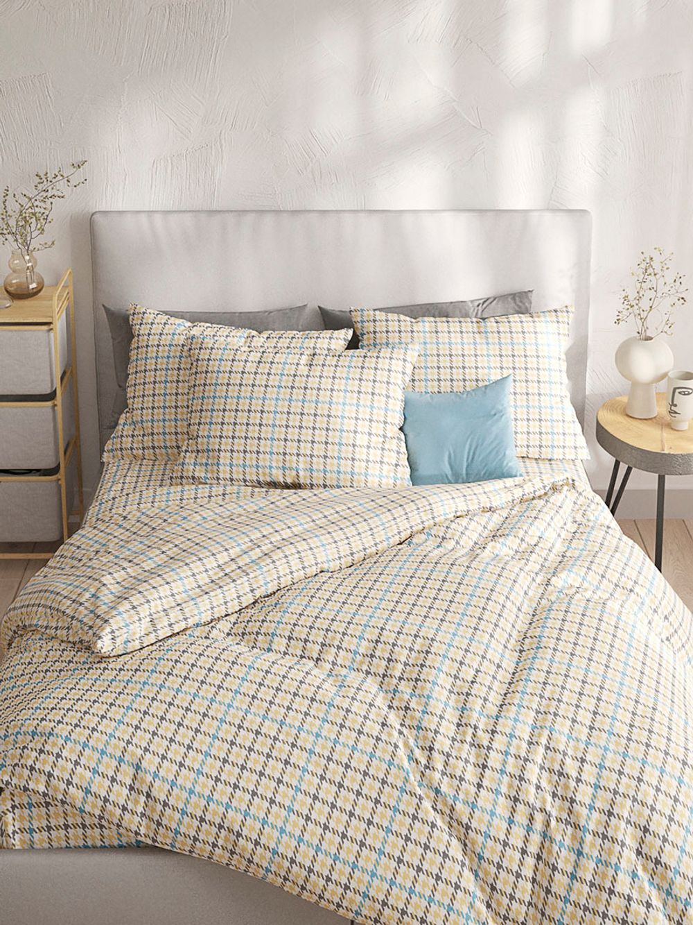 Постельное белье Сказка "Гусиная лапка" 2-спальный Наволочка 50х70 см 2 шт Простынь на резинке 160х200 см Пододеяльник 175х215 см, перкаль