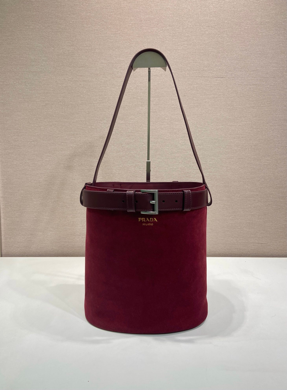 Prada Buckle Belted Suede Bucket Bag 28 cm