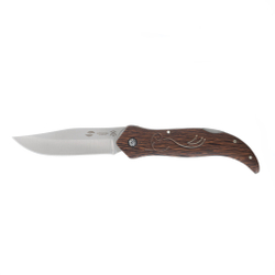 Фото недорогой стальной складной нож с серебристым клинком 101 мм и коричневой деревянной рукояткой Stinger FB619A в чехле и коробке