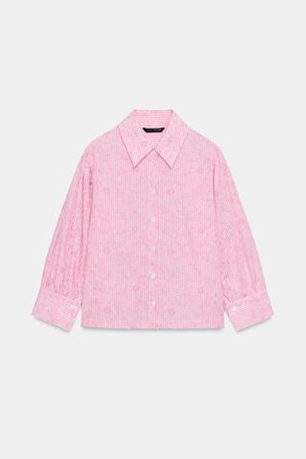 ZARA РУБАШКА В ПОЛОСКУ С ЦВЕТОЧНЫМ ПРИНТОМ, РОЗОВЫЙ/БЕЛЫЙ