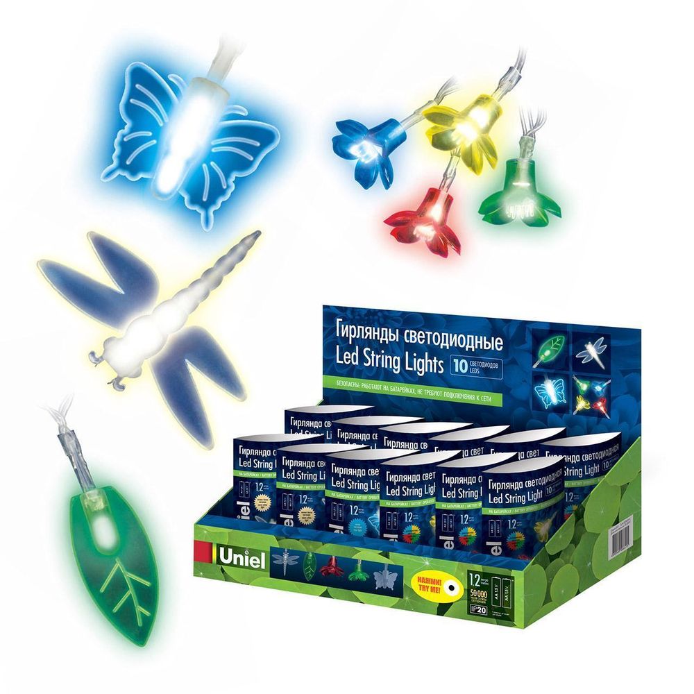 ULD-S0100-010/STB MULTI IP20 SUMMER SET 2AA Набор светодиодных гирлянд на батарейках (не в/к). 4 вида по 6 шт. В 1гирлянде-1м, 10 светодиодов 1цвета-с
