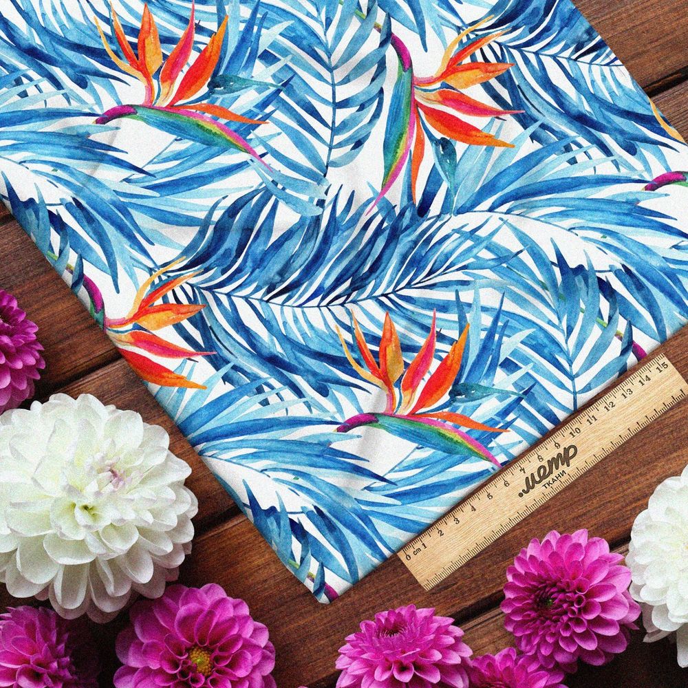 Ткань бифлекс синие раскидистые листья с оранжевыми