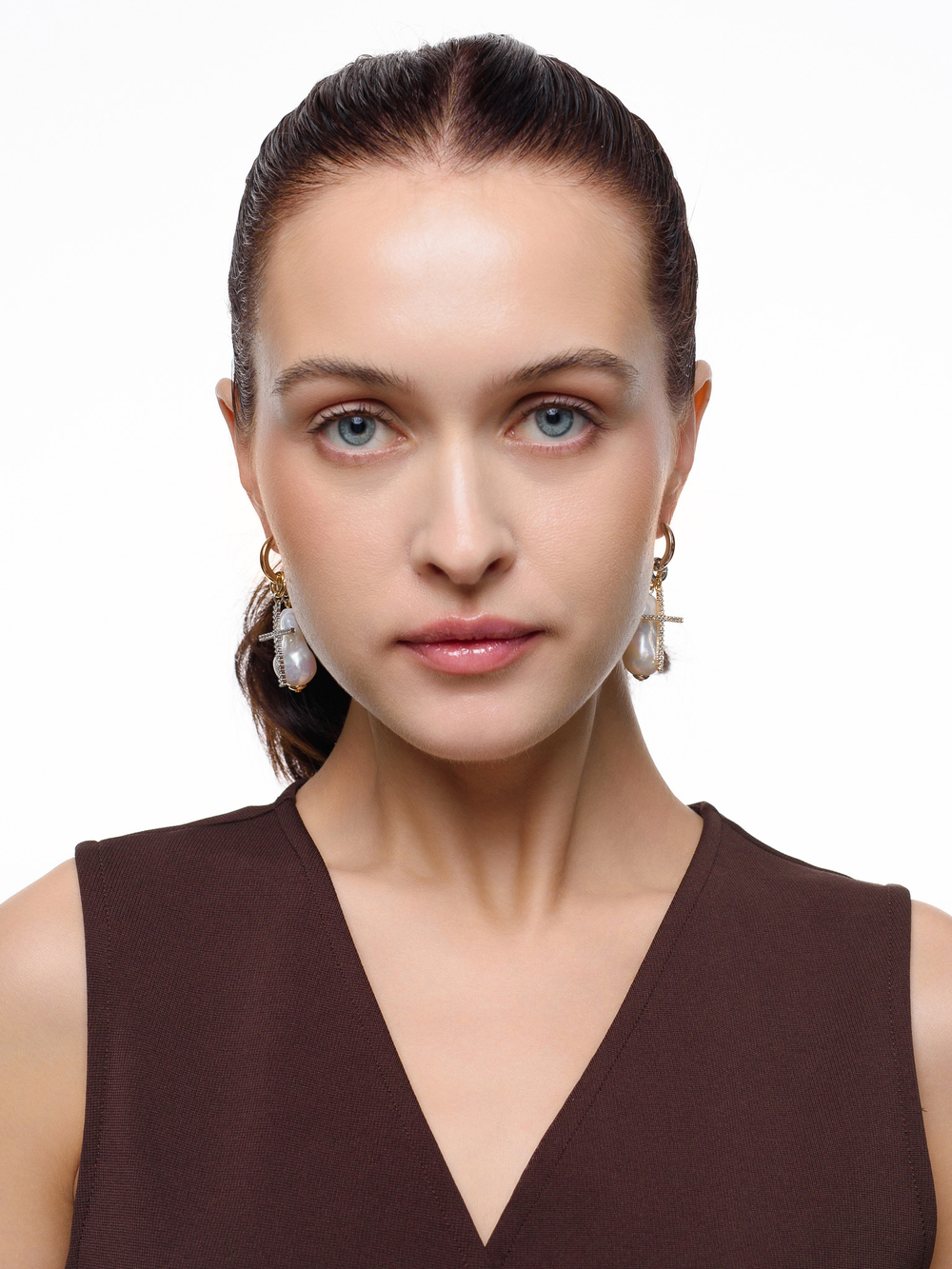 Серьги "Simple Cross Pearl" Bicolor