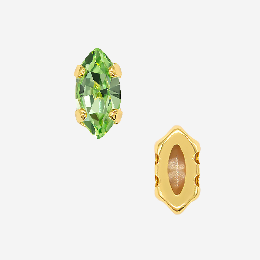 Кристалл Маркиз (Marquise Fancy Stone) в цапах, оттенок "Перидот"/"Peridot", 6*3мм, позолота