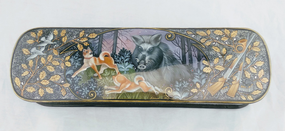 Шкатулка Палех  под ручку "Охота на кабана" 20×6см