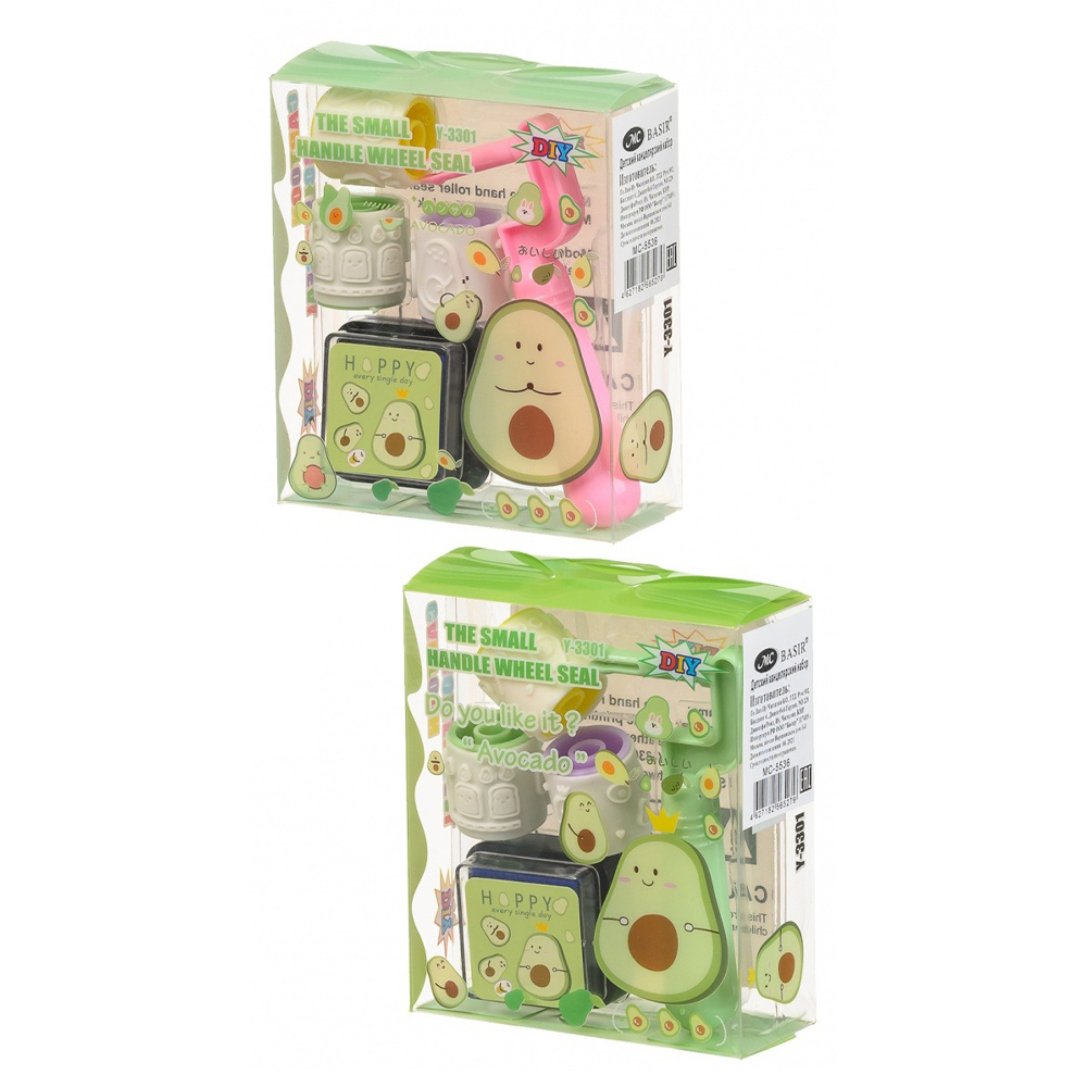 Штамп детский Basir с 3 сменными роликами и штемпельной подушкой, 9 см, серия "Авокадо", ассорти