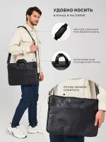 Легкая сумка для ноутбука 13,3" и 14" с карманом и ремнем на плечо (Черная экокожа)