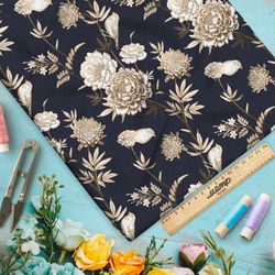 Ткань барби белые пионы на чёрном