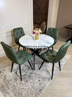 Круглый раздвижной стол "Лофт", белый мрамор и стулья "Ральф" оливковый