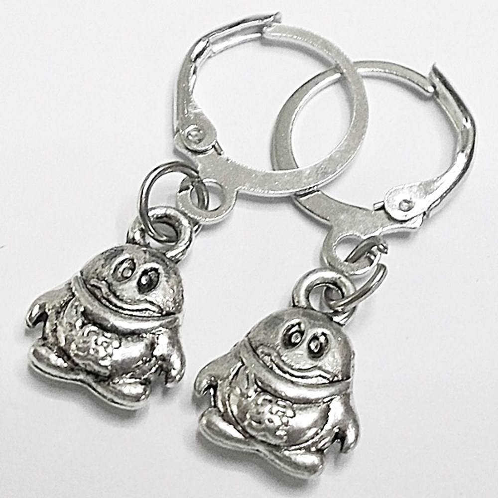 Серьги кольца с подвесками "Пингвины" под серебро, для пирсинга ушей. Бижутерия. Цена за пару