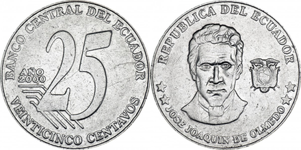 Эквадор 25 сентаво, 2000 Хосе Хоакин де Ольмедо XF