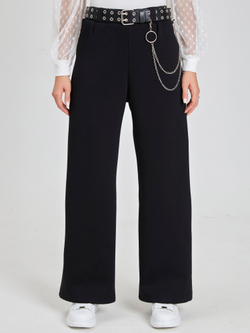 Брюки утепленные для девочки палаццо с ремнем люверсы чёрные