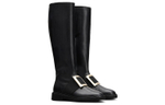 Roger Vivier Viv" Rangers Top Grain Cow Leather Knee high Boots Artistic Style Thermal Platform Metal Buckle Women"s