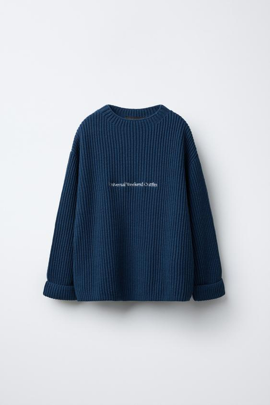 ZARA СВИТЕР С ВЫШИТОЙ НАДПИСЬЮ, СИНИЙ