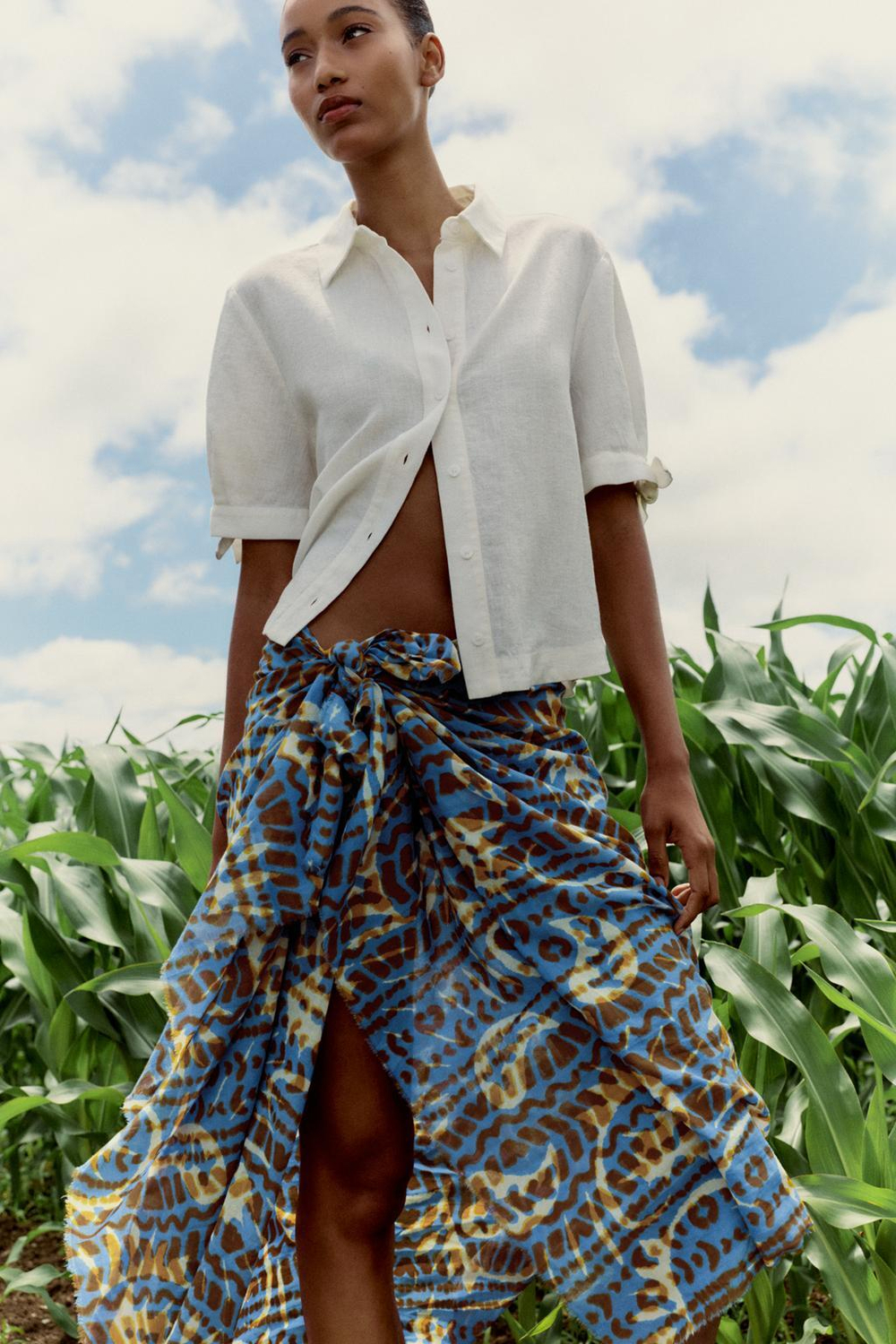 ZARA ХЛОПКОВЫЙ ШАРФ С ПРИНТОМ, СИНИЙ