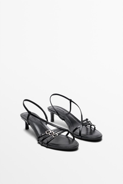 Massimo Dutti Кожаные сандалии на каблуке с пряжками, черный
