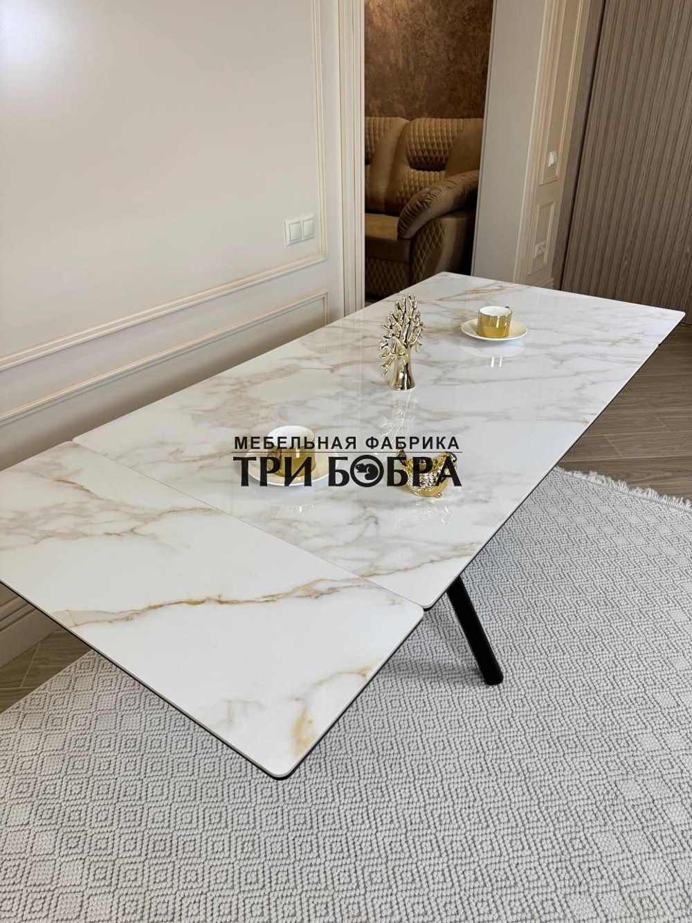 Кухонный раскладной стол "Монако" из керамогранита, белый мрамор
