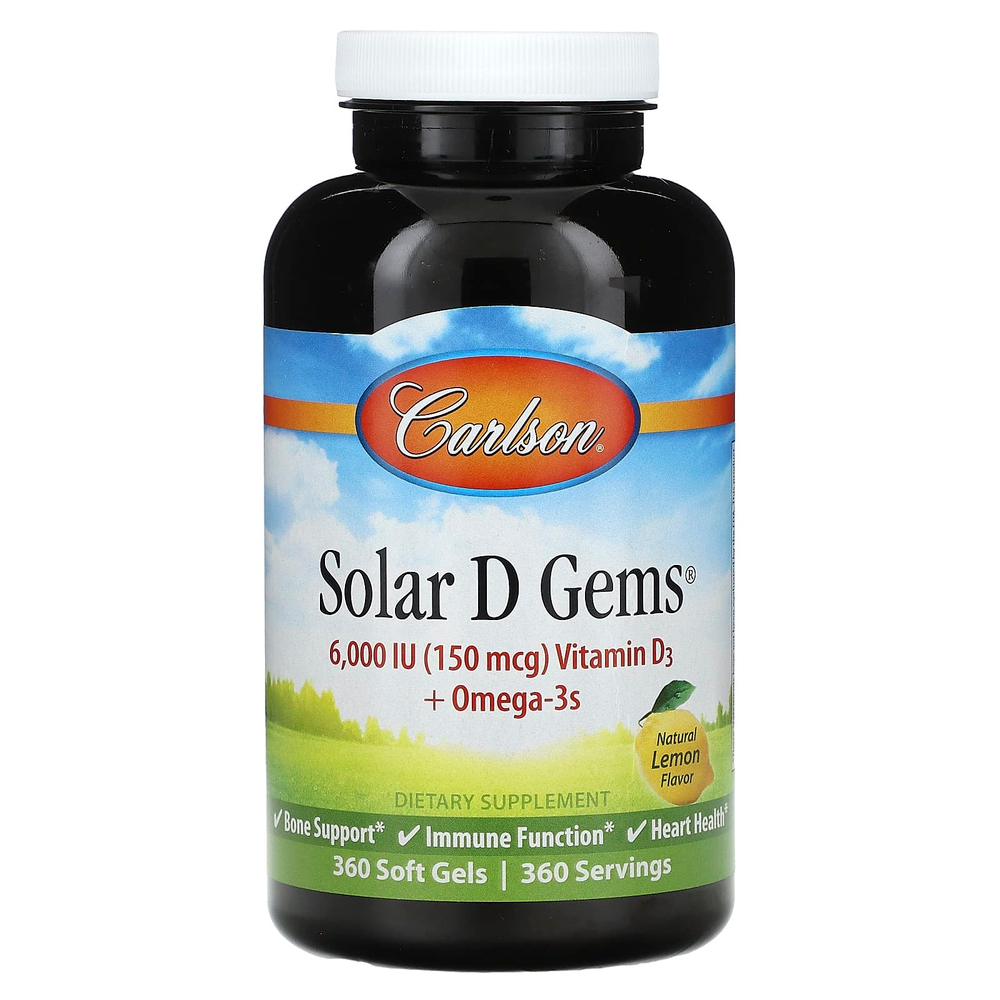 Carlson, Solar D Gems®, витамин D3 и омега-3, натуральный лимон, 360 мягких таблеток