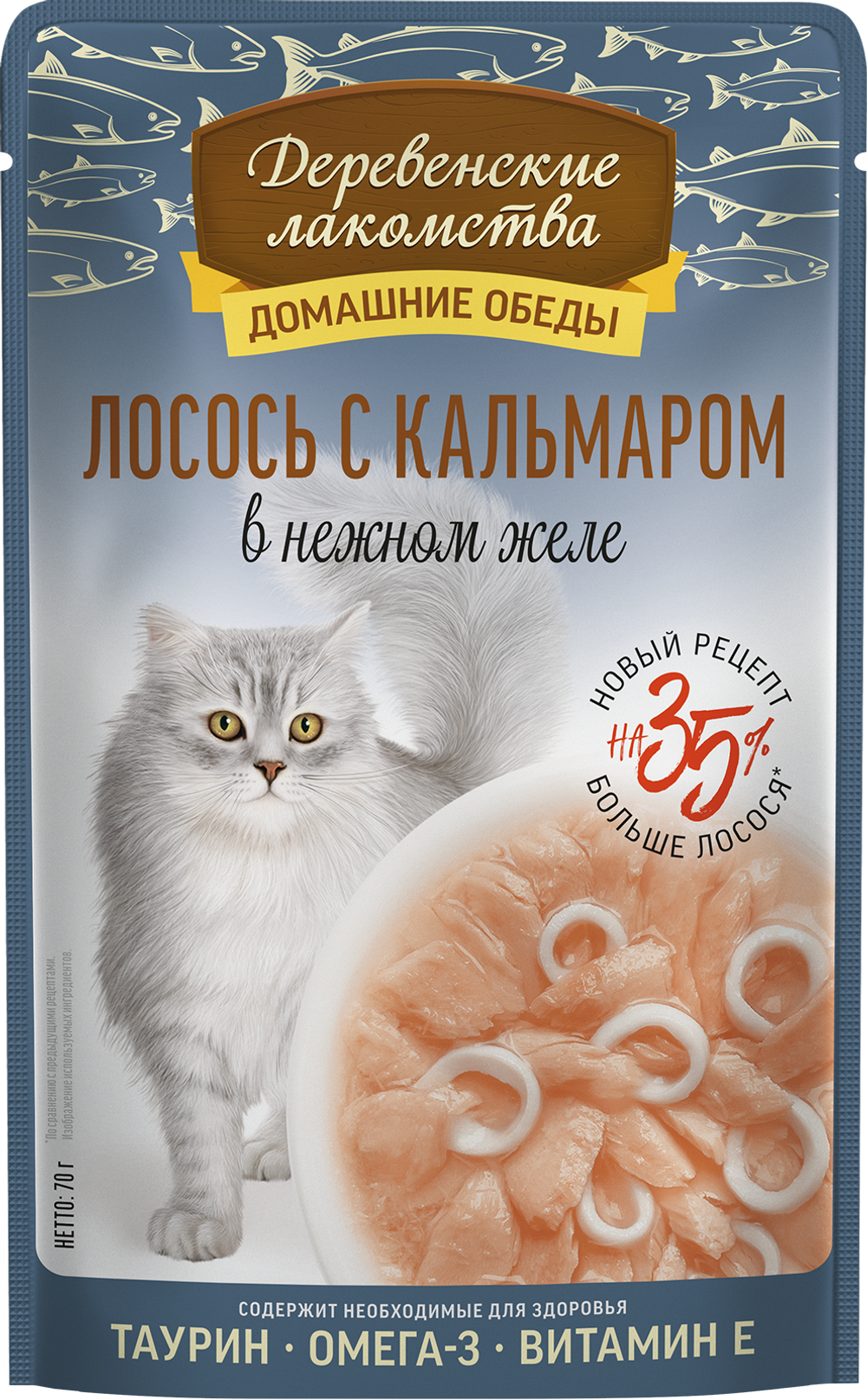 Консервы Деревенские лакомства для кошек "Домашние обеды" лосось и кальмар в нежном желе - 70 гр