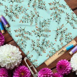 Ткань ниагара оранжевая рябина на зелёном фоне