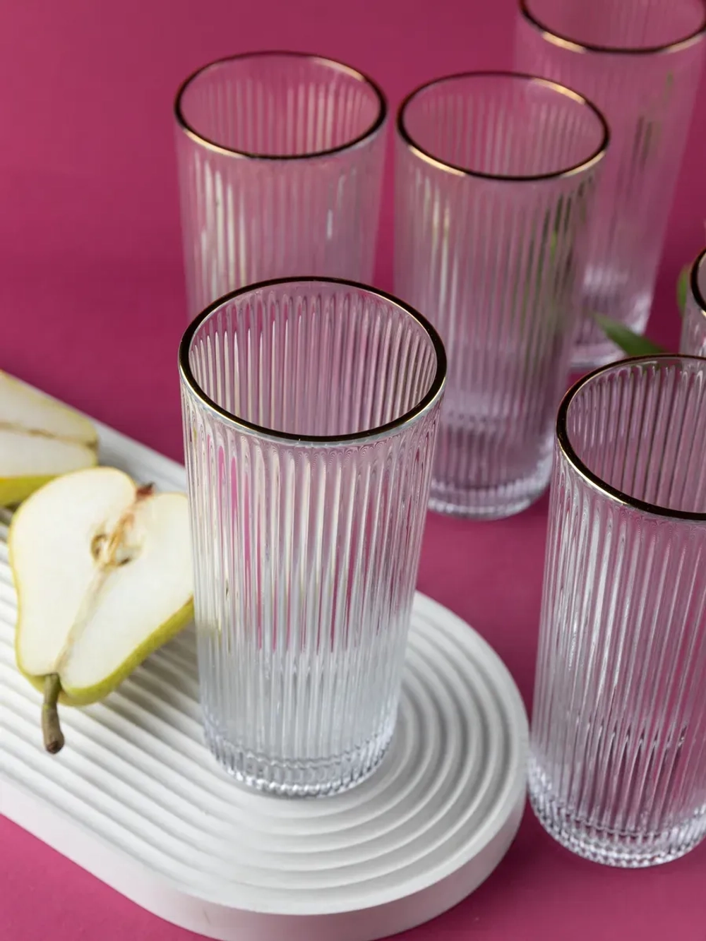 Ребристые бокалы для виски, 330 мл. 6 шт. с золотой каймой