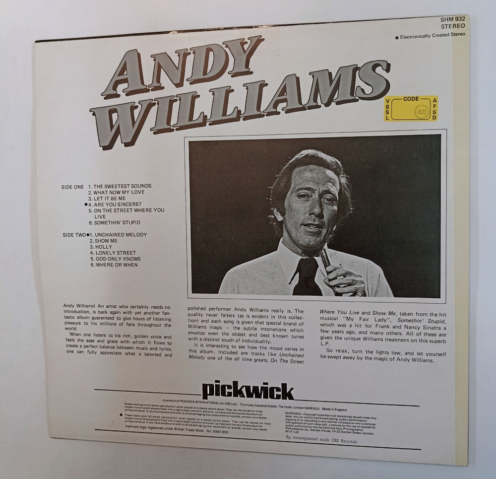 Винтажная виниловая пластинка LP Andy Williams Unchained Melody (UK 1973)