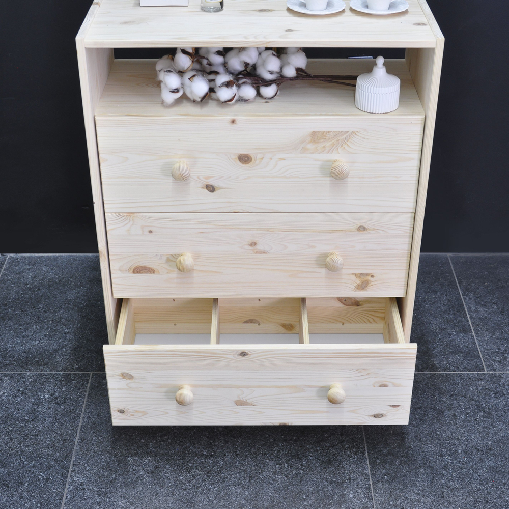 Комод деревянный Раст с 3 ящиками и полкой для хранения вещей, с органайзерами, из массива сосны в натуральной отделке