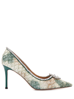 Женские туфли кожаные бело-зелёные с камнем