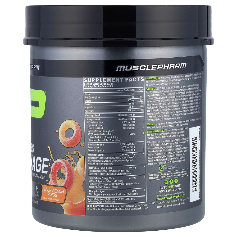 MusclePharm, Pro Series Wreckage™, предтренировочный комплекс, кусочки кислого персика, 440 г (15,5 унции)