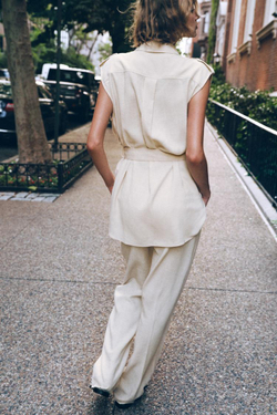 ZARA ДЛИННЫЙ ЖИЛЕТ С ПОЯСОМ ИЗ ЛЬНЯНОЙ ТКАНИ, СВЕТЛО-БЕЖЕВЫЙ