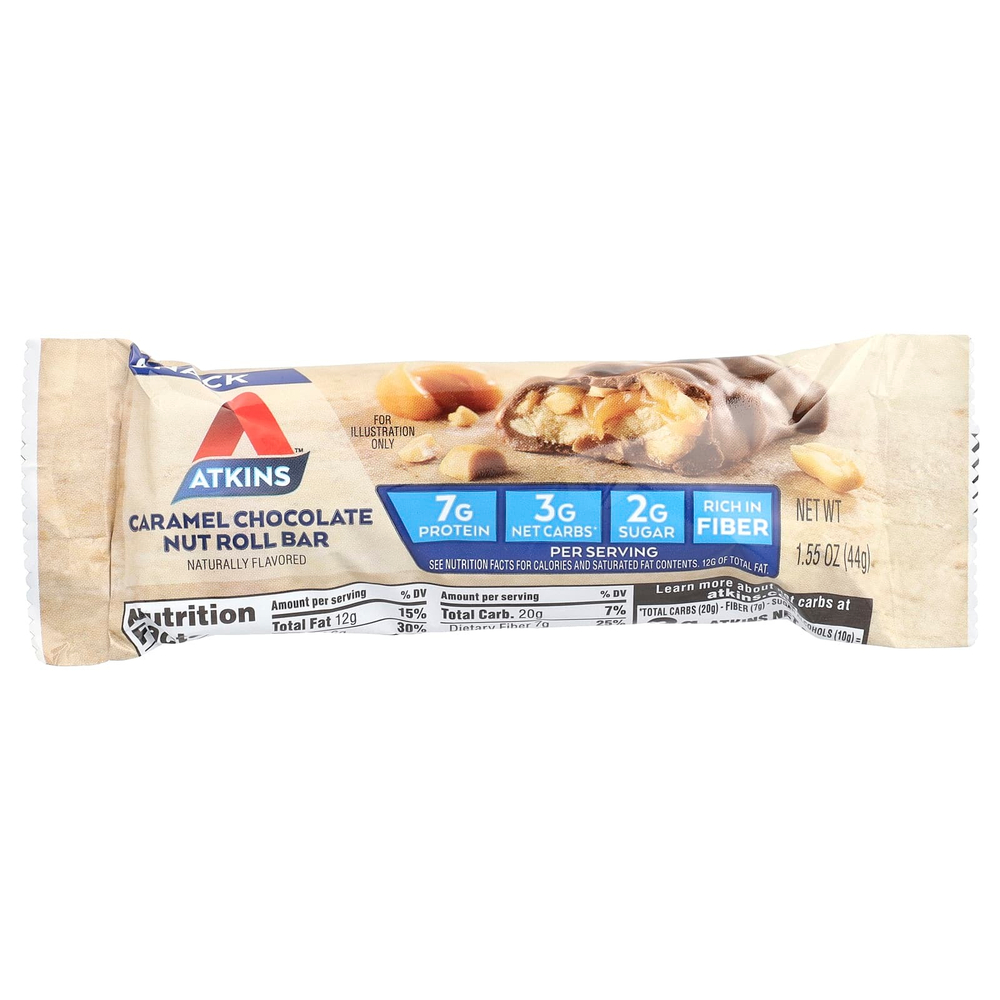 Atkins, Snack, батончик с карамелью, шоколадом и орехами, 8 батончиков, 44 г (1,55 унции)