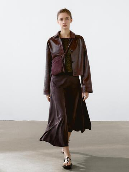 Massimo Dutti Юбка миди из атласа с поясом, бургундский