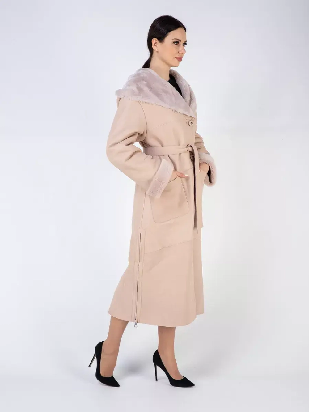 Дубленка зима натуральная с капюшоном длинная