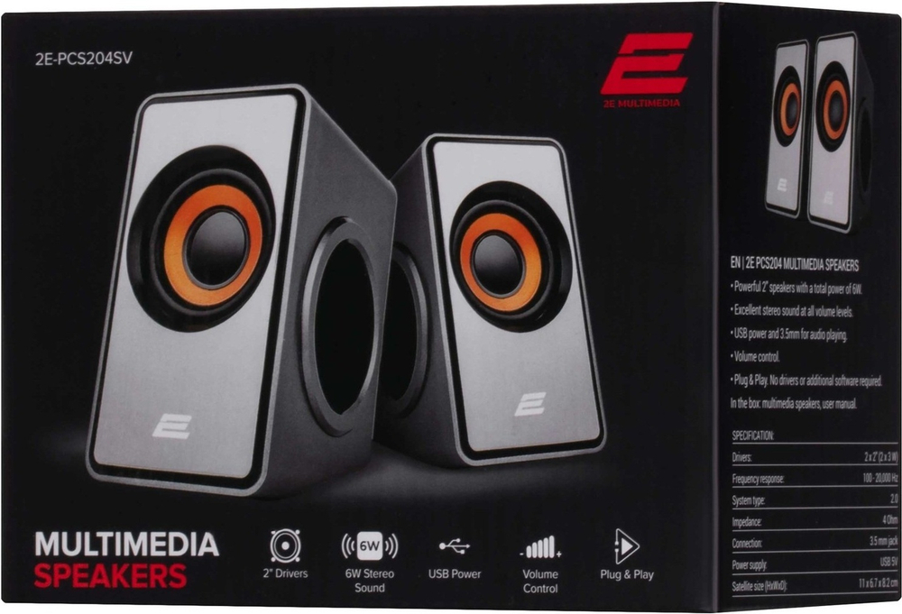 АКУСТИЧЕСКАЯ СИСТЕМА 2E PCS204, 2.0, USB, SILVER 2E-PCS204SV