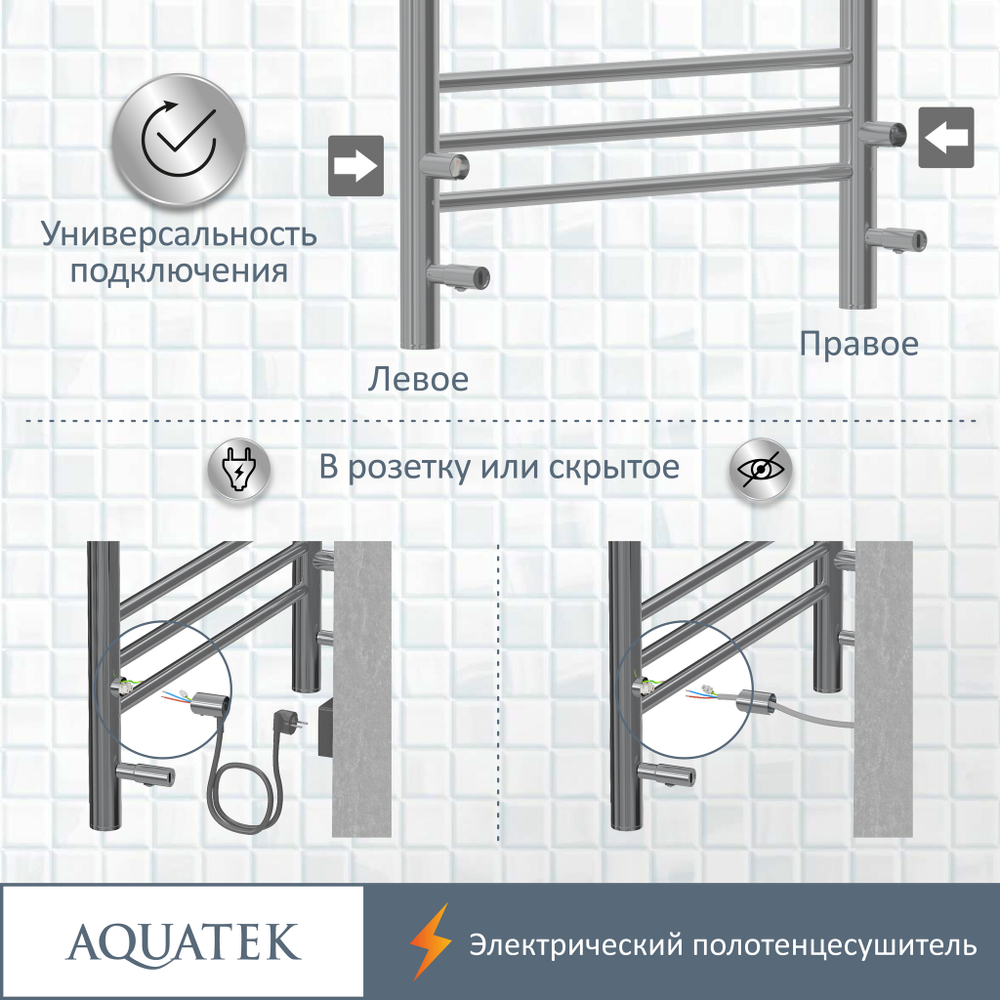 Полотенцесушитель электрический Aquatek (Акватек) Альфа П10 500х900 мм, с полкой, подключение скрытое к сети электропитания / электропровод с вилкой, с терморегулятором и таймером quick touch, нержавеющая сталь AISI 201, гарантия 5 лет