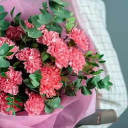 Стильный букет розовых диантусов с эвкалиптом