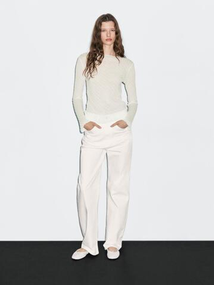 Massimo Dutti Топ из 100% хлопка с рельефным узором и длинными рукавами, натуральный, кремовый