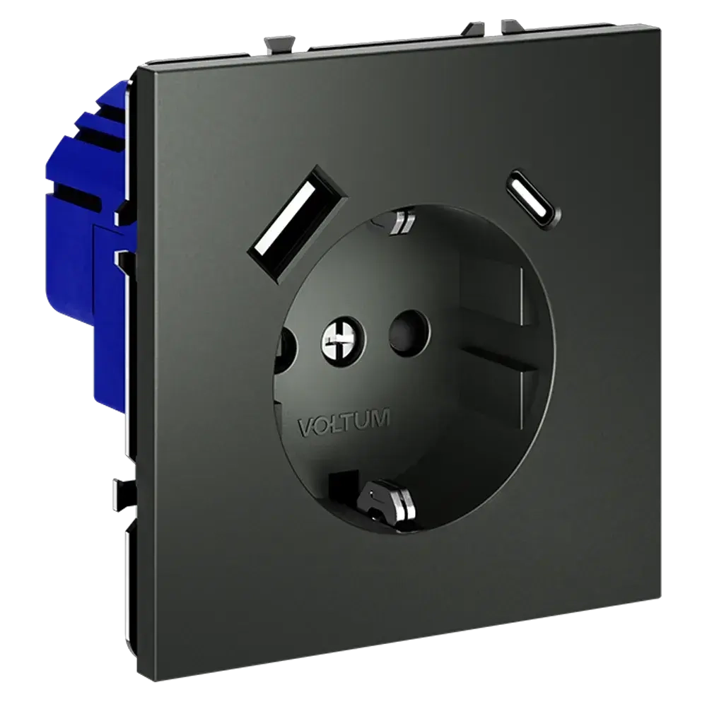 Розетка встраиваемая VOLTUM S70 с заземлением и защитными шторками, 16А, с USB, A+С, (титан)