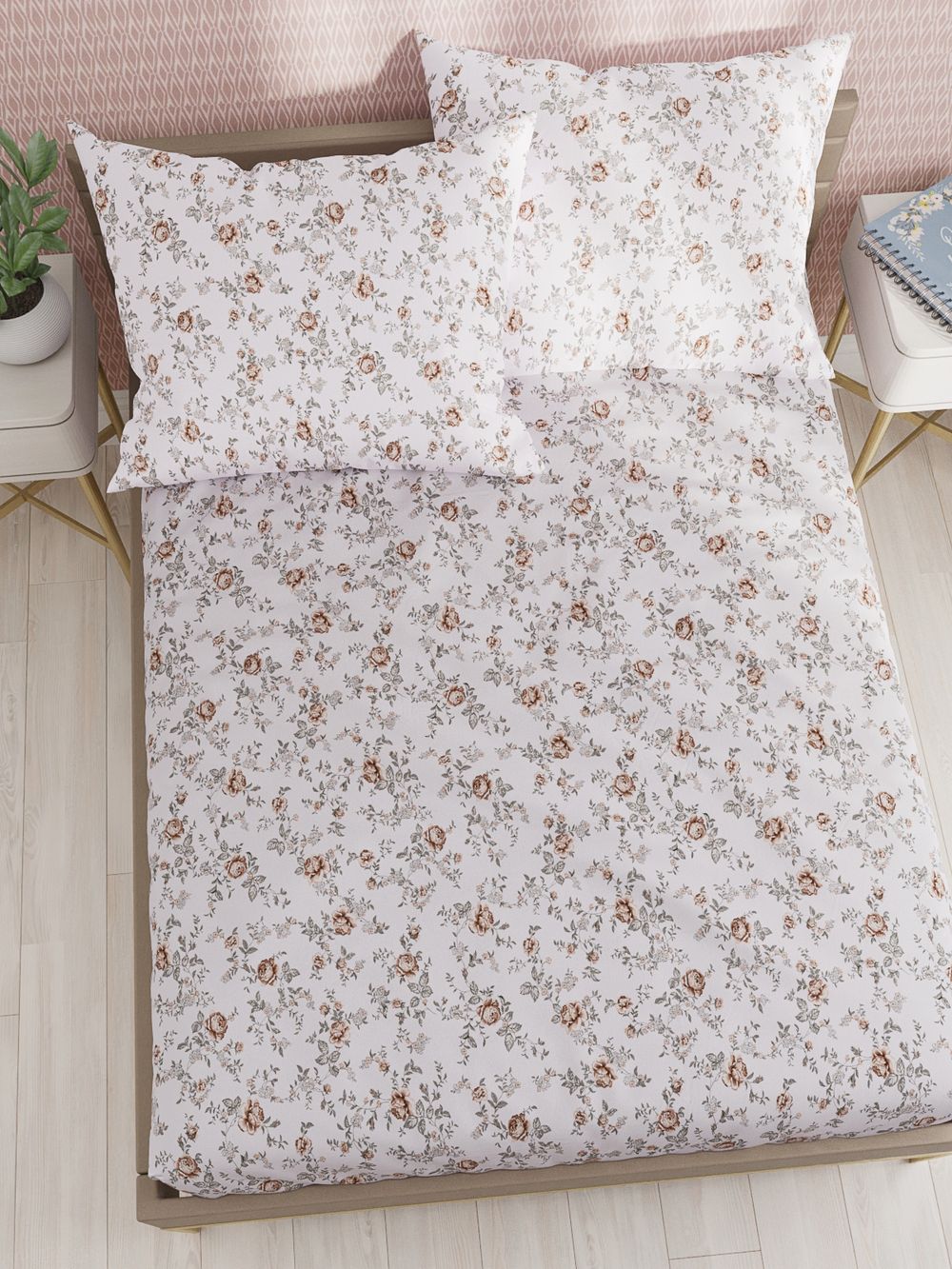 Постельное белье перкаль Сказка "Розы" 1,5-сп Наволочка 50х70 см 1 шт Простынь на резинке 90x200 см Пододеяльник 145x215 см
