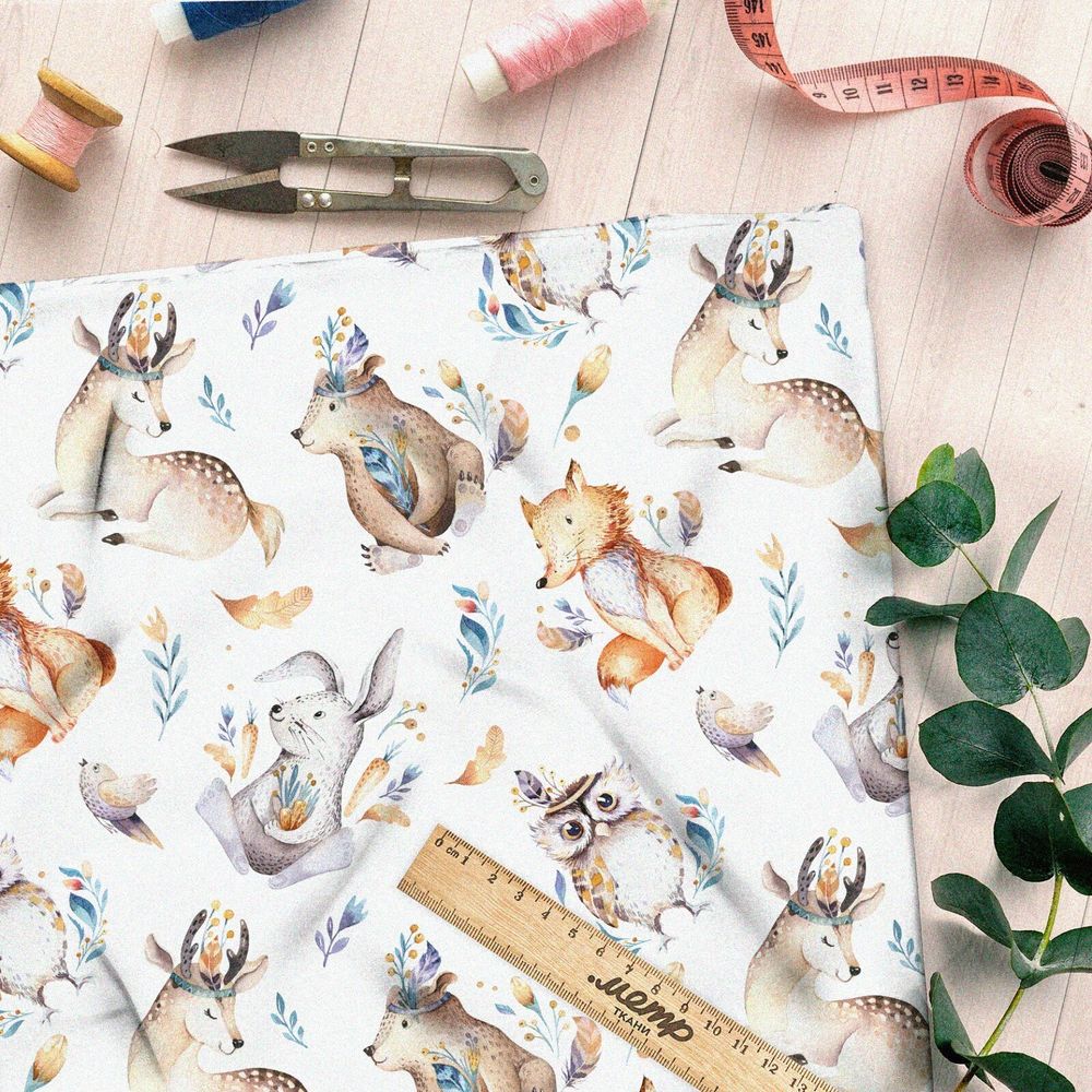Ткань интерлок милые акварельные зверьки