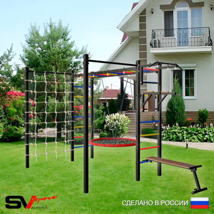 Уличная шведская стенка Sv Sport рукоход с комплектом турник прямой 2шт У5256.2 (Турник/Брусья/Скамья/Гнездо 115см/Сетка)