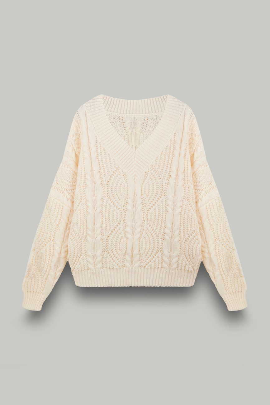 Джемпер вязаный с V-вырезом, косы, сливочный