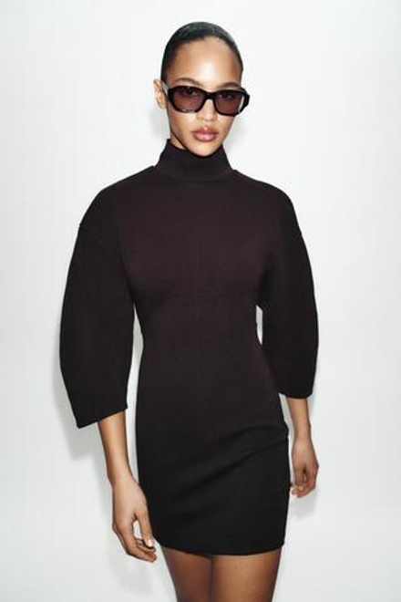 ZARA КОРОТКОЕ ПЛАТЬЕ ИЗ ИНТЕРЛОКА, ШОКОЛАДНЫЙ