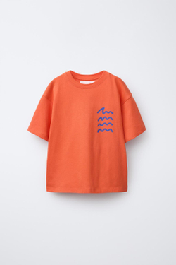ZARA ФУТБОЛКА С ПРИНТОМ «ВОЛНЫ», ОРАНЖЕВЫЙ