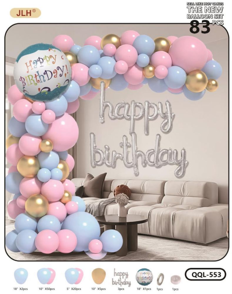 Шары воздушные в наборе 83 предмета (готовый комплект для фотозоны) HAPPY BIRTHDAY
