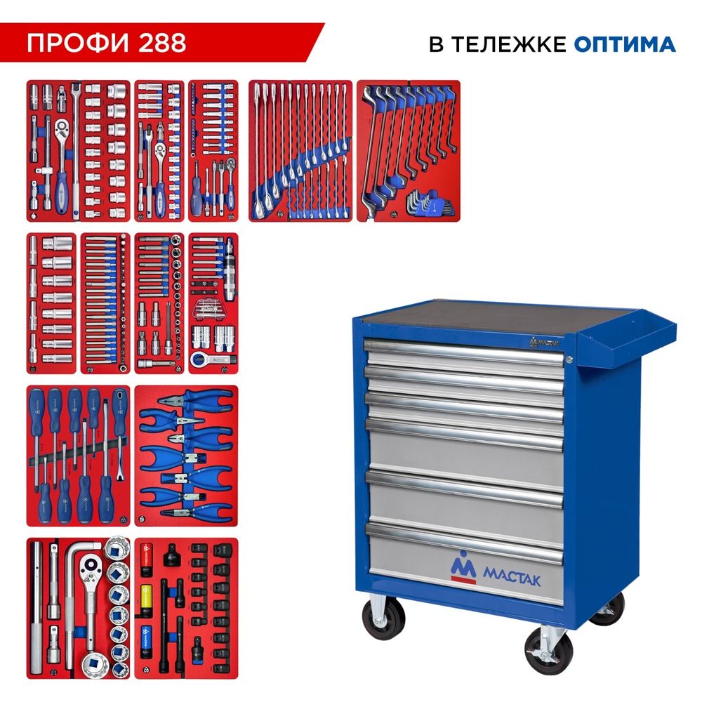 МАСТАК (52-06288B) Набор инструментов 288 предметов, "ПРОФИ 288", в синей тележке